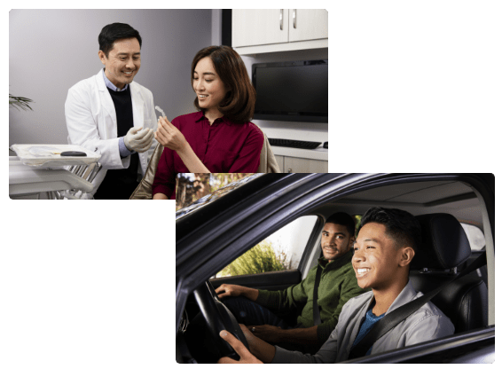 1 - doctor and patient in office smiling 2 - Two men driving in car smiling